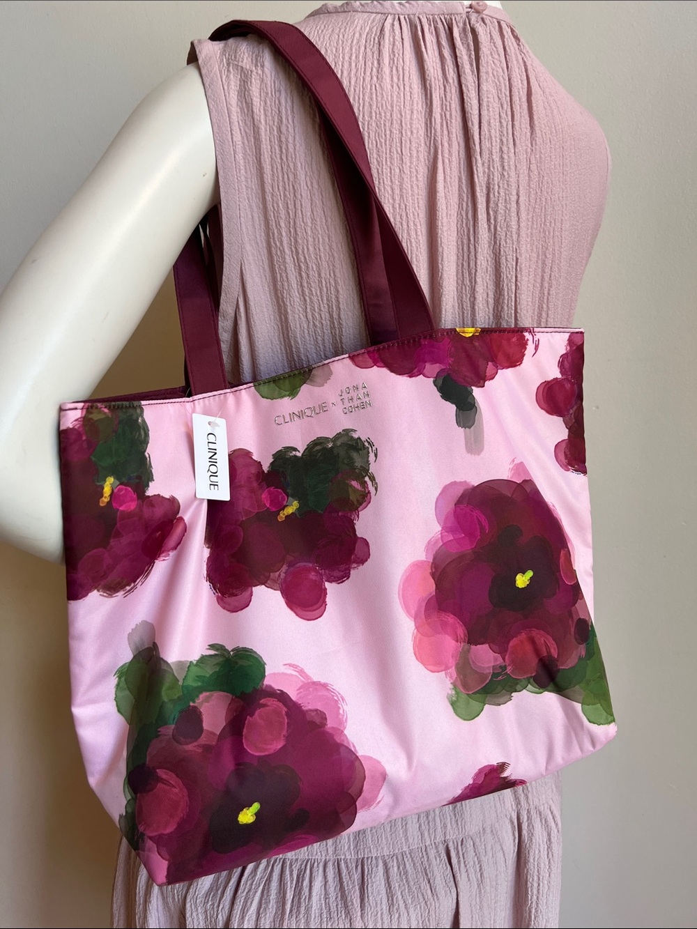 Jonathan Cohen Clinique Pink Floral Tote with Burgundy Handles